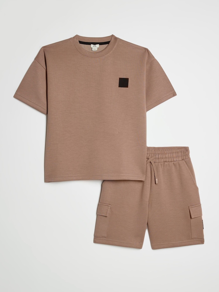 River Island Brown Oversized Scuba T-Shirt & Short Set - Image 1 of 5