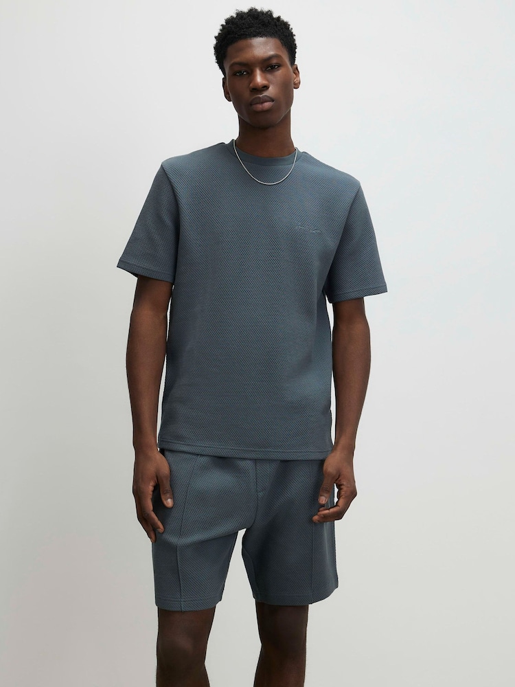 River Island Grey Slim Fit Interlock T-Shirt & Short Set - Image 1 of 4