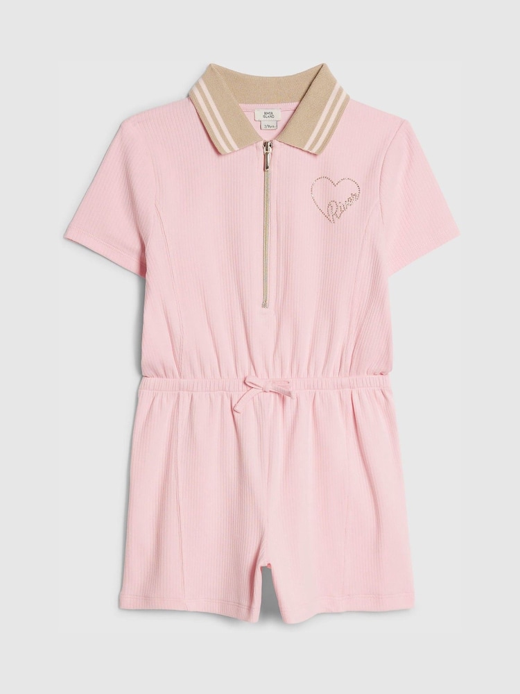 River Island Pink Ribbed Zip Polo Playsuit - Image 1 of 4 River Island Pink Ribbed Zip Polo Playsuit - Image 1 of 4