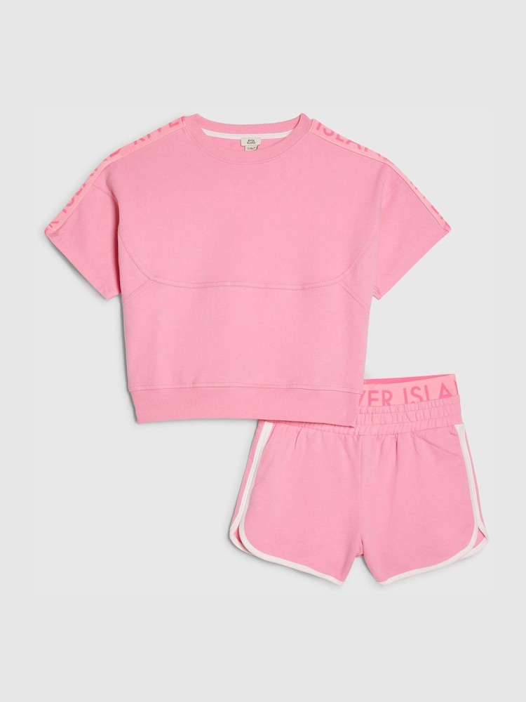 River Island Pink Logo T-Shirt & Runner Short Set - Image 1 of 5