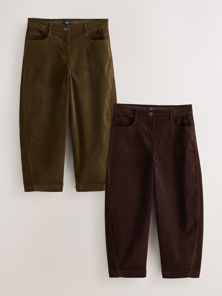 Chocolate Brown/Khaki Green Corduroy Barrel Leg Trousers 2 Pack - Image 1 of 5 Chocolate Brown/Khaki Green Corduroy Barrel Leg Trousers 2 Pack - Image 1 of 5