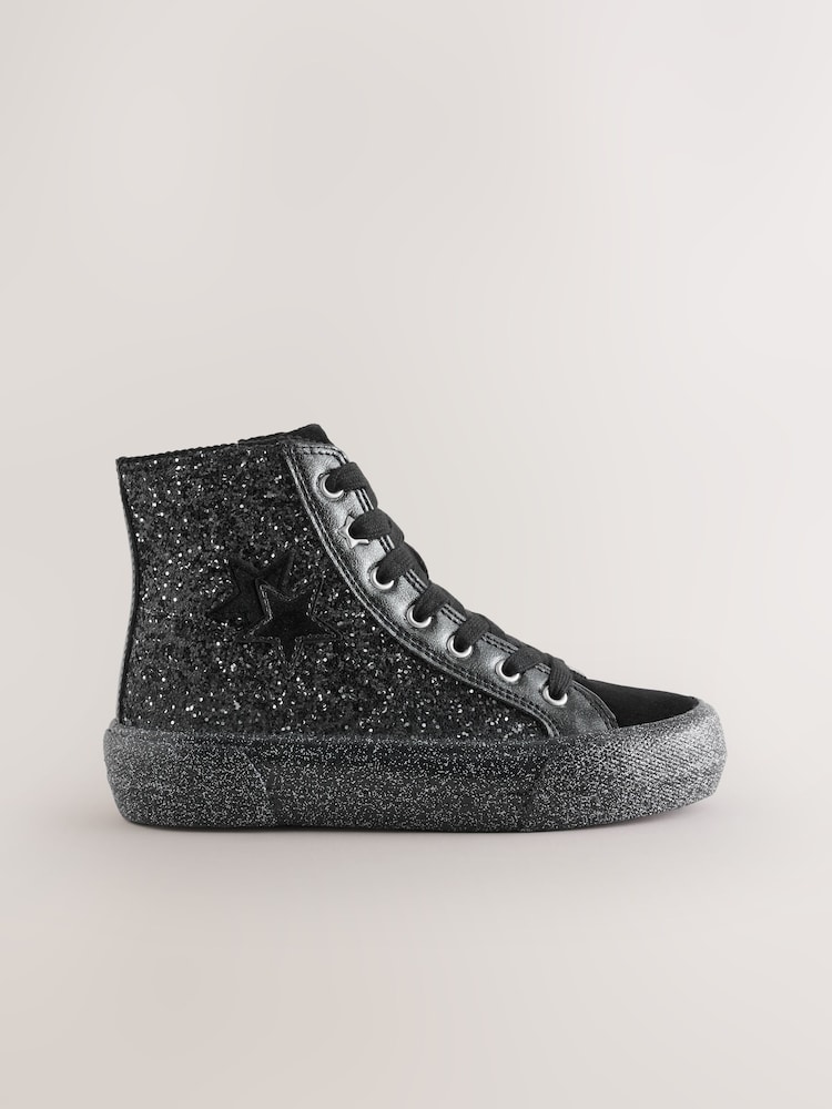 Schwarz glitzernd - High-Top-Sneaker mit Schnürung - Bild 2 von 5