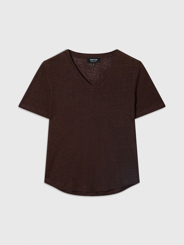 بني - Whistles Linen V-Neck T-Shirt - صورة 5 من 5