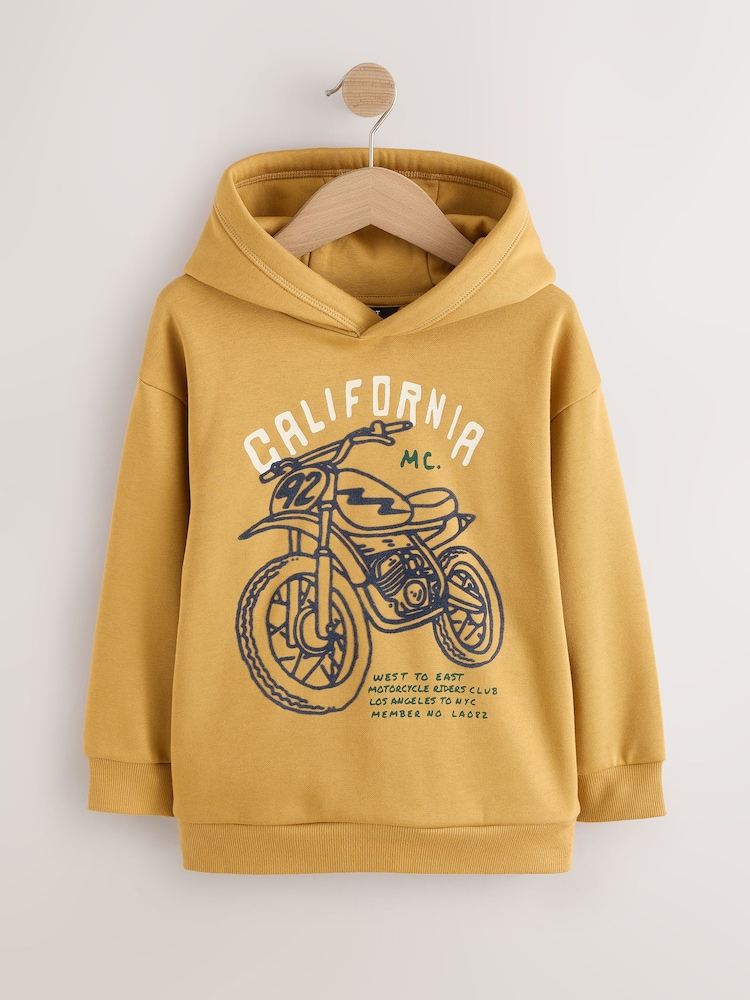Ochre Yellow Motorbike Regular Fit Older Graphic Print Hoodie (3-16yrs) - Image 1 of 4 Ochre Yellow Motorbike Regular Fit Older Graphic Print Hoodie (3-16yrs) - Image 1 of 4
