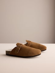 Tan Brown Buckle Mule Suede Slippers - Image 1 of 6
