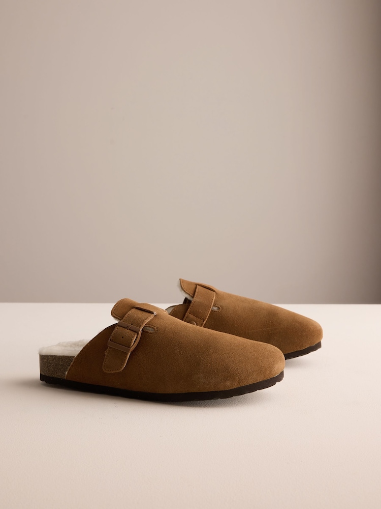 Tan Brown Buckle Mule Suede Slippers - Image 1 of 6
