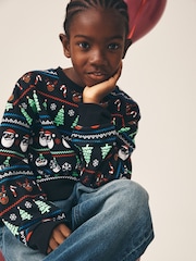 Black All Over Print Christmas Crew Neck Sweater (3-16yrs) - Image 1 of 7