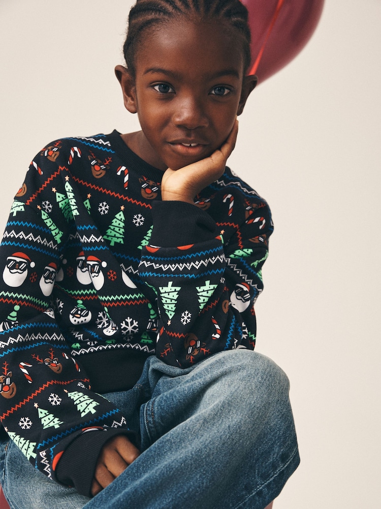 Black All Over Print Christmas Crew Neck Sweater (3-16yrs) - Image 1 of 7 Black All Over Print Christmas Crew Neck Sweater (3-16yrs) - Image 1 of 7