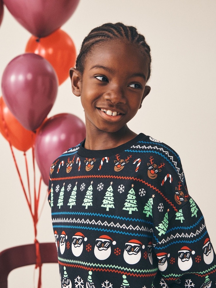 Black All Over Print Christmas Crew Neck Sweater (3-16yrs) - Image 2 of 7 Black All Over Print Christmas Crew Neck Sweater (3-16yrs) - Image 2 of 7