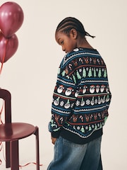 Black All Over Print Christmas Crew Neck Sweater (3-16yrs) - Image 3 of 7