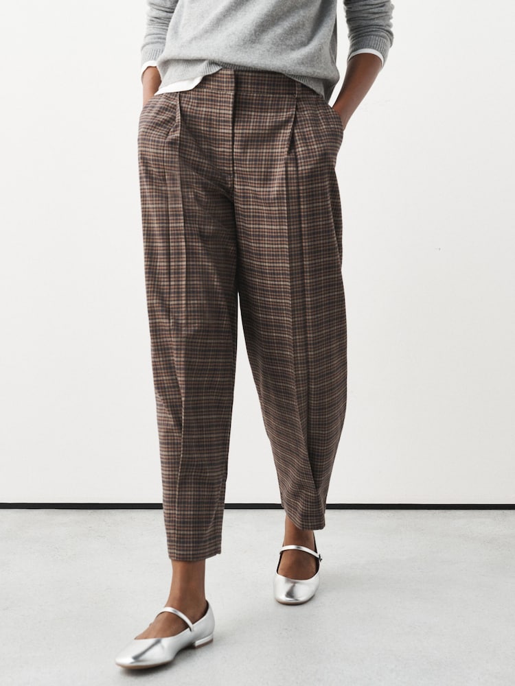 Navy Blue/Orange Check Smart Front Barrel Leg Trousers - Image 1 of 6 Navy Blue/Orange Check Smart Front Barrel Leg Trousers - Image 1 of 6