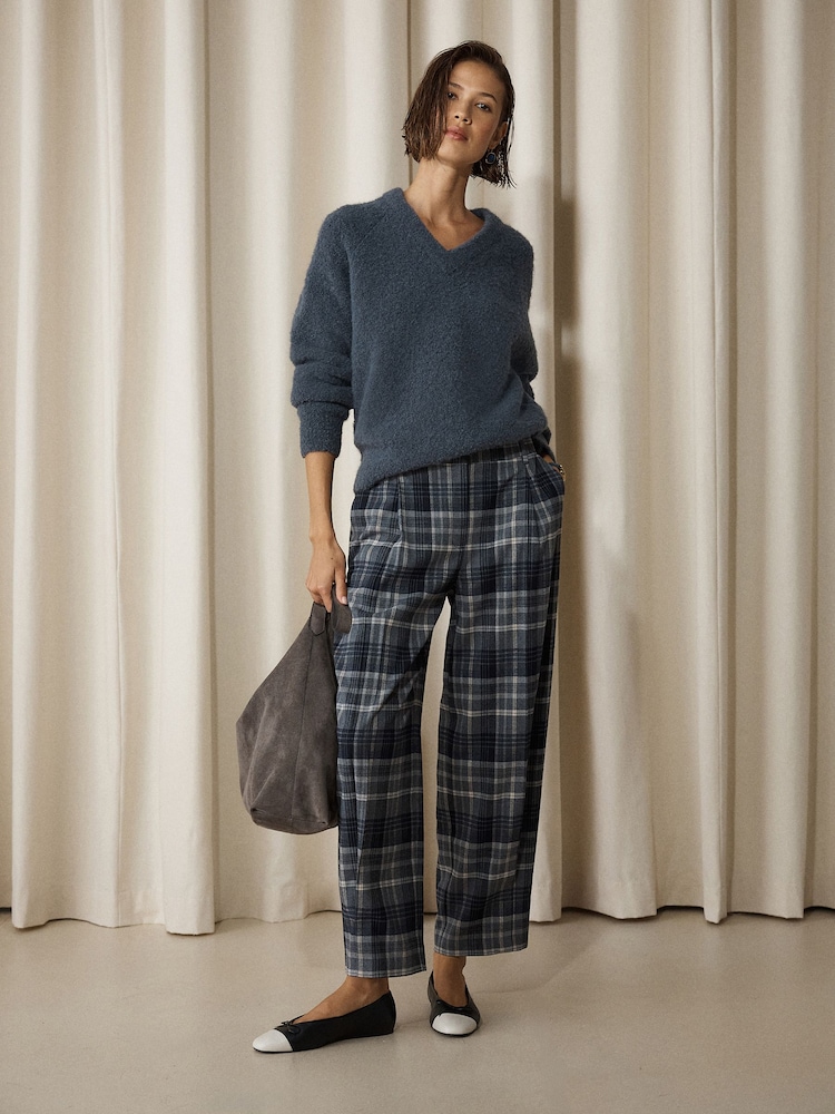 Grey/Blue Check Smart Front Barrel Leg Trousers - Image 2 of 5 Grey/Blue Check Smart Front Barrel Leg Trousers - Image 2 of 5