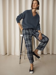Grey/Blue Check Smart Front Barrel Leg Trousers - Image 3 of 5