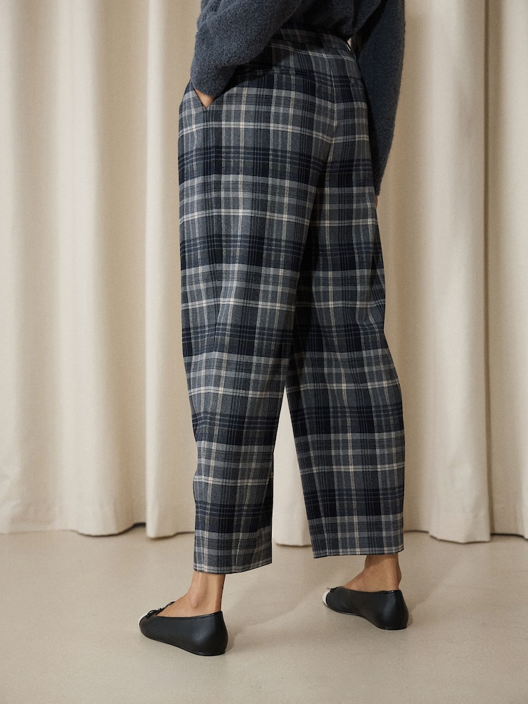 Grey/Blue Check Smart Front Barrel Leg Trousers - Image 5 of 5 Grey/Blue Check Smart Front Barrel Leg Trousers - Image 5 of 5