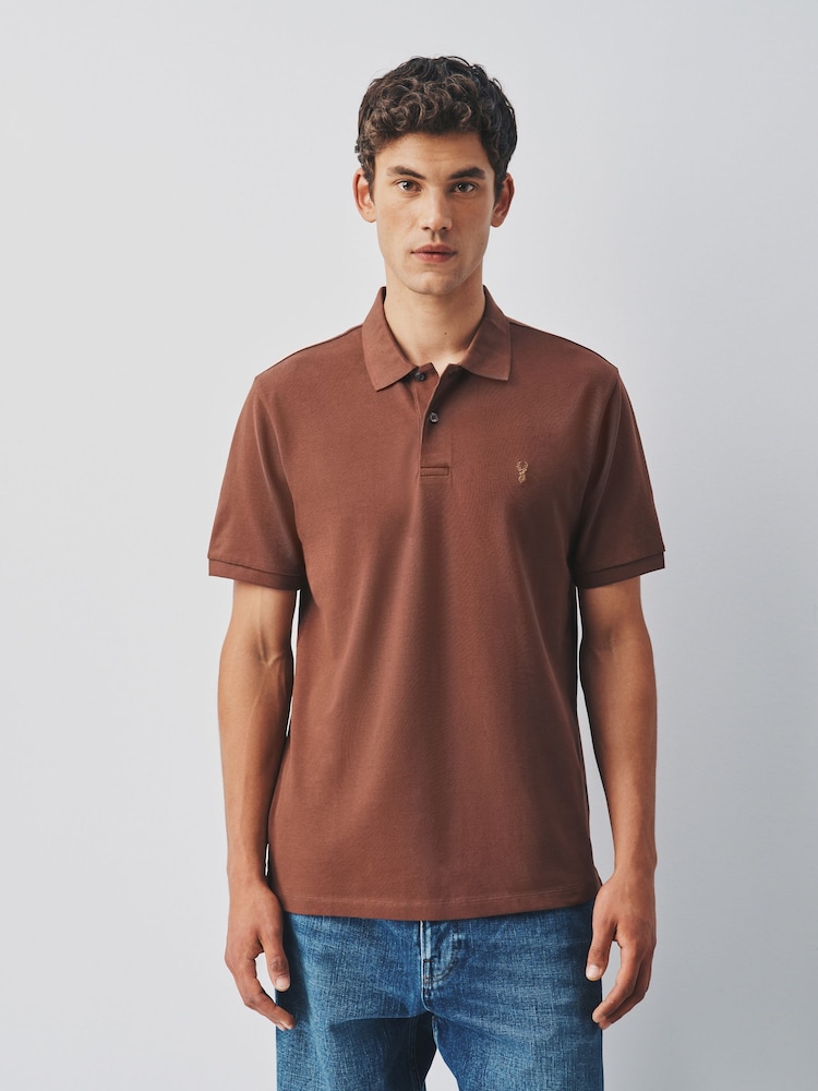 Brown Walnut Regular Fit Short Sleeve Pique Polo Shirt - Image 1 of 5 Brown Walnut Regular Fit Short Sleeve Pique Polo Shirt - Image 1 of 5