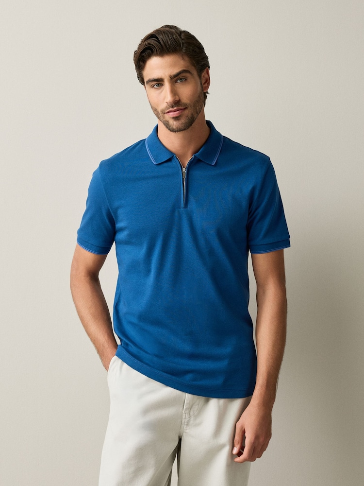 Blue Tonal Tipped Zip Neck Polo Shirt - Image 1 of 7 Blue Tonal Tipped Zip Neck Polo Shirt - Image 1 of 7
