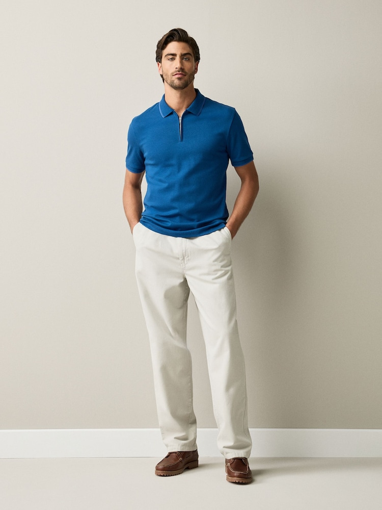 Blue Tonal Tipped Zip Neck Polo Shirt - Image 2 of 7 Blue Tonal Tipped Zip Neck Polo Shirt - Image 2 of 7