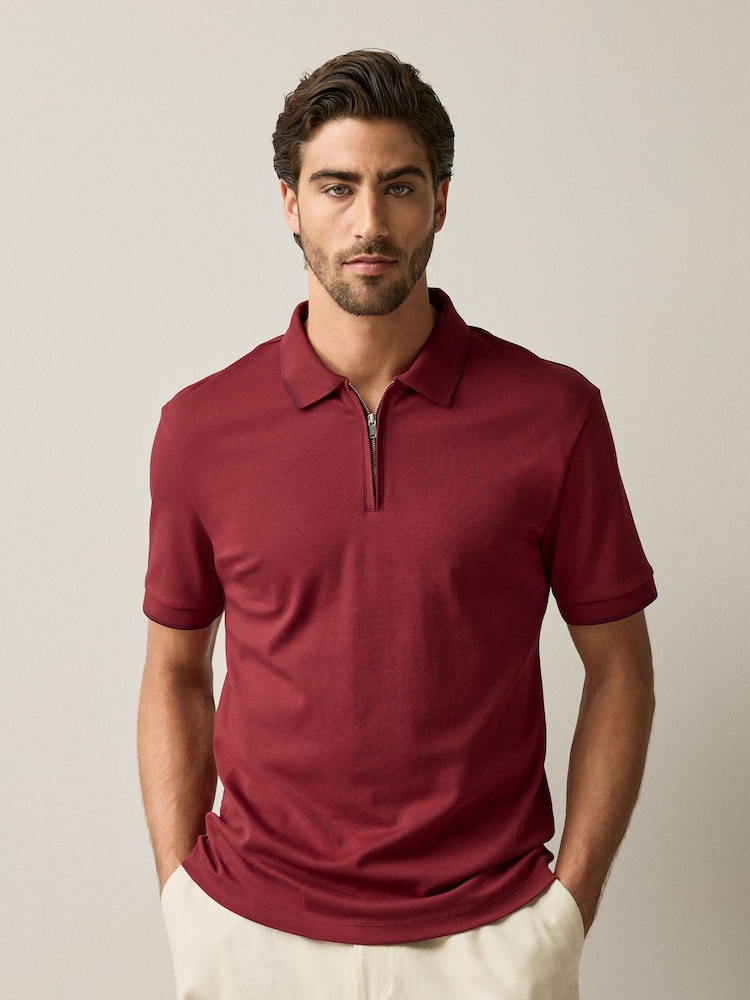 Red Tonal Tipped Zip Neck Polo Shirt - Image 1 of 6 Red Tonal Tipped Zip Neck Polo Shirt - Image 1 of 6