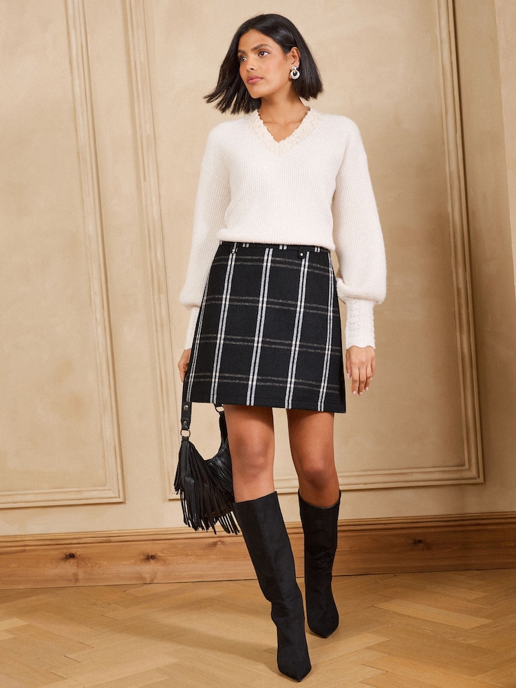 Love & Roses Black Tailored Check Tab Detail Mini Skirt With Wool - Image 1 of 5 Love & Roses Black Tailored Check Tab Detail Mini Skirt With Wool - Image 1 of 5
