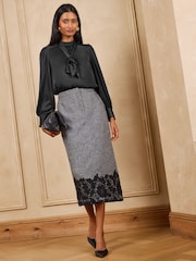 Love & Roses Grey Herringbone Lace Hem Midi Pencil Skirt With Wool - Image 3 of 4