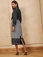 Love & Roses Grey Herringbone Lace Hem Midi Pencil Skirt With Wool - Image 4 of 4