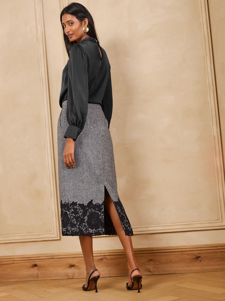 Love & Roses Grey Herringbone Lace Hem Midi Pencil Skirt With Wool - Image 4 of 4