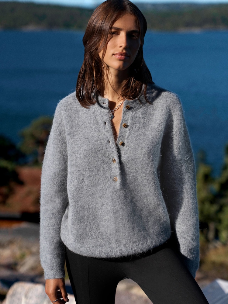 Grey N.Premium Knitted Long Sleeve Henley Jumper - Image 1 of 6 Grey N.Premium Knitted Long Sleeve Henley Jumper - Image 1 of 6