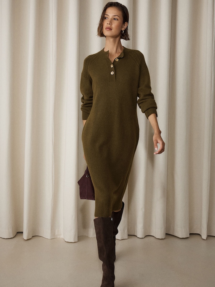 Khaki Green Supersoft Crew Neck Long Sleeve Knit Dress - Image 2 of 8