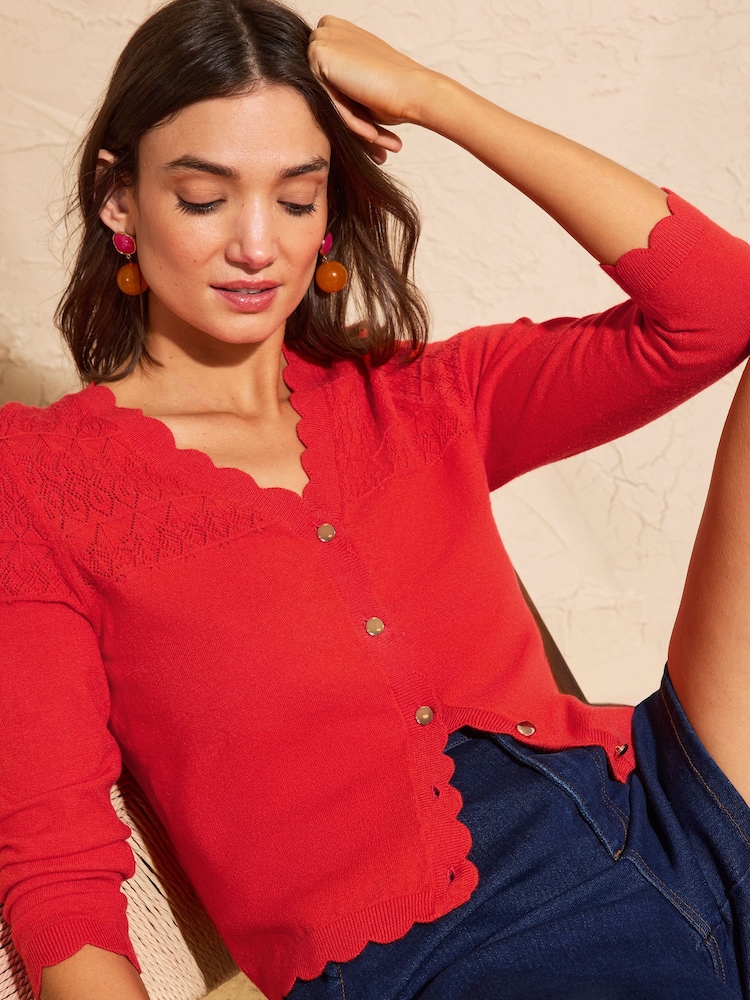 Love & Roses Orange Petite Pointelle Scallop Detail 3/4 Sleeve Knitted Cardigan - Image 1 of 4