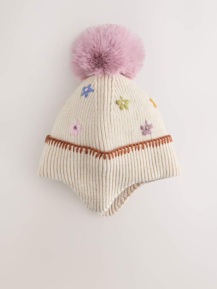 Ecru Flower Beanie Pom Hat (3mths-10yrs) - Image 1 of 3 Ecru Flower Beanie Pom Hat (3mths-10yrs) - Image 1 of 3