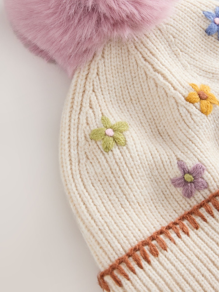 Ecru Flower Beanie Pom Hat (3mths-10yrs) - Image 2 of 3 Ecru Flower Beanie Pom Hat (3mths-10yrs) - Image 2 of 3