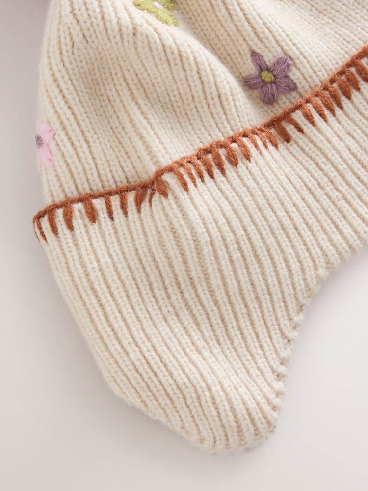 Ecru Flower Beanie Pom Hat (3mths-10yrs) - Image 3 of 3 Ecru Flower Beanie Pom Hat (3mths-10yrs) - Image 3 of 3