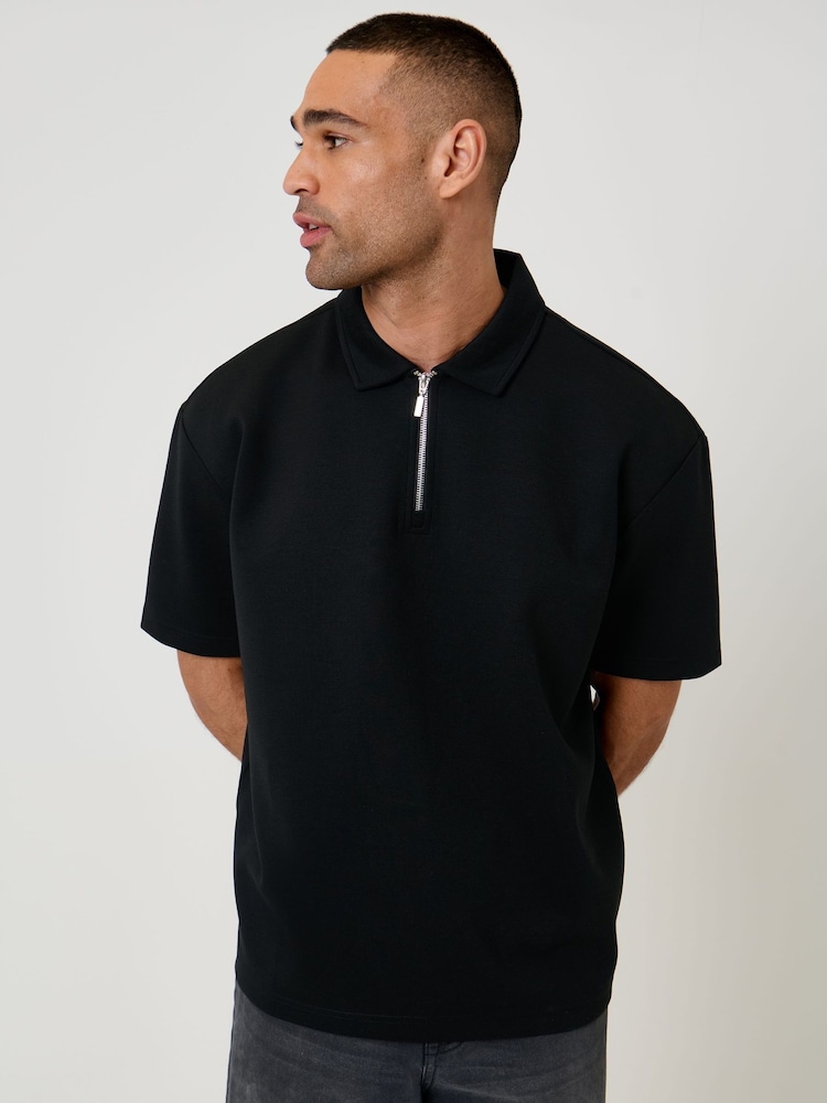 Threadbare Black Oversized Quarter Zip Polo Shirt - Image 1 of 5