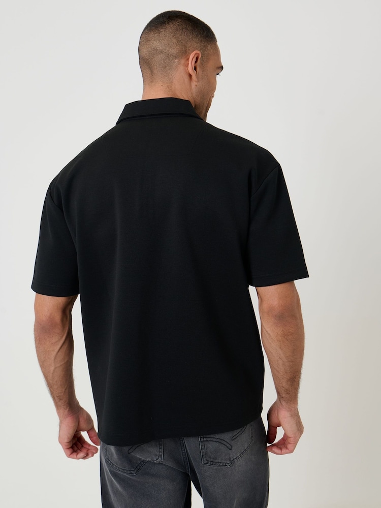 Threadbare Black Oversized Quarter Zip Polo Shirt - Image 2 of 5
