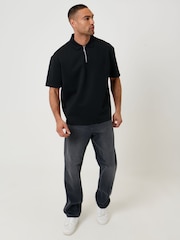 Threadbare Black Oversized Quarter Zip Polo Shirt - Image 3 of 5