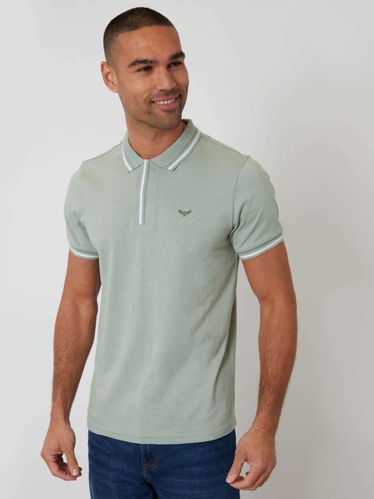 Threadbare Green Contrast Tipping Hidden Placket Polo Shirt - Image 1 of 4