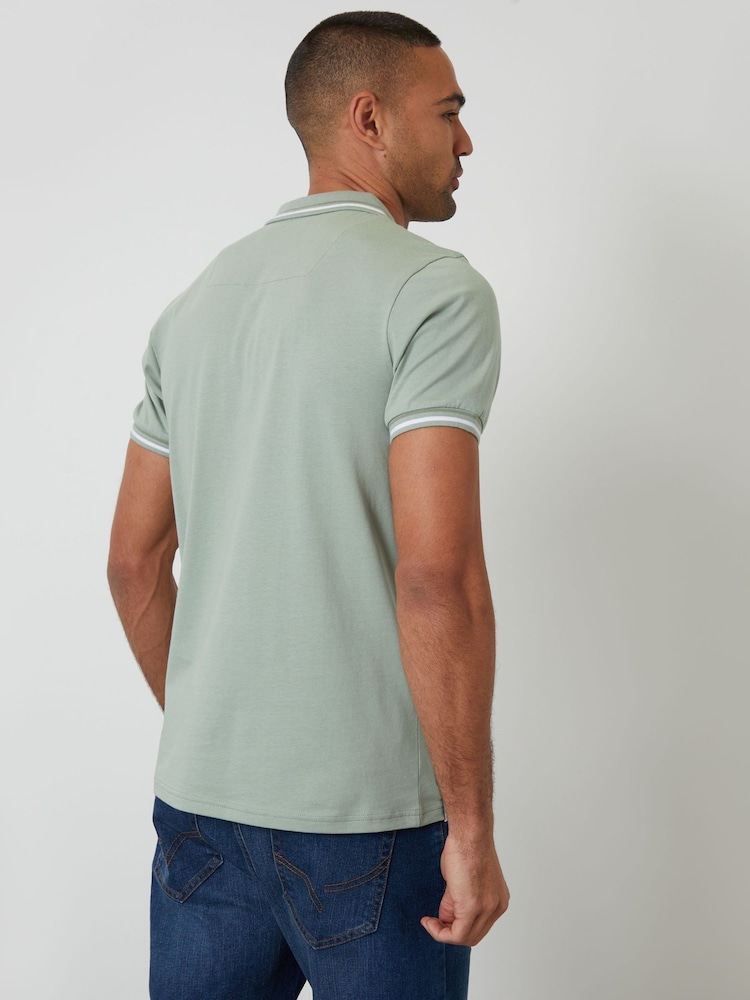 Threadbare Green Contrast Tipping Hidden Placket Polo Shirt - Image 2 of 4