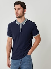 Threadbare Blue Pique Tipping Collar Quarter Zip Polo Shirt - Image 1 of 4