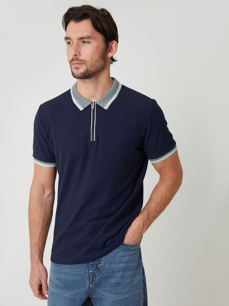 Threadbare Blue Pique Tipping Collar Quarter Zip Polo Shirt - Image 1 of 4