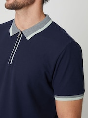 Threadbare Blue Pique Tipping Collar Quarter Zip Polo Shirt - Image 3 of 4