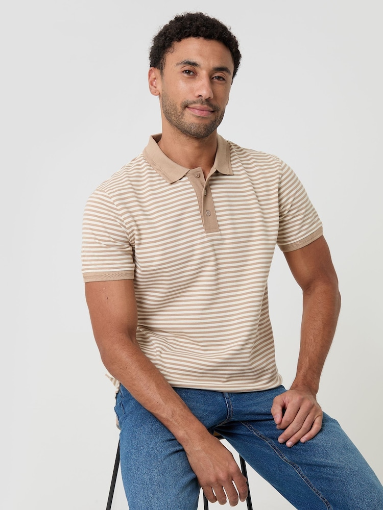 Threadbare Natural Stripe Cotton Pique Polo Shirt - Image 1 of 5