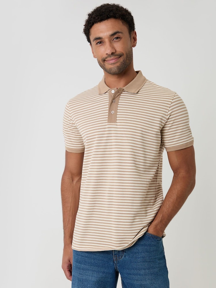 Threadbare Natural Stripe Cotton Pique Polo Shirt - Image 2 of 5