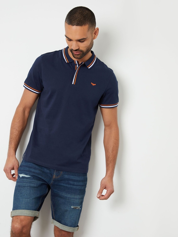 Threadbare Blue Contrast Tipping Hidden Placket Polo Shirt - Image 1 of 4