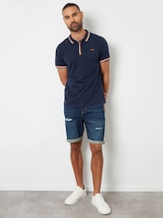 Threadbare Blue Contrast Tipping Hidden Placket Polo Shirt - Image 4 of 4