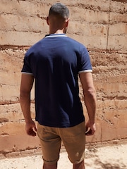 Threadbare Blue Herringbone Tipping Detail Pique Polo Shirt - Image 2 of 4