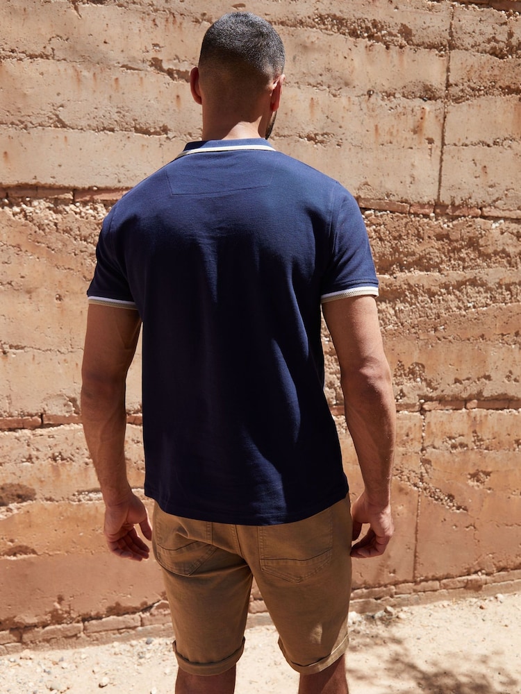 Threadbare Blue Herringbone Tipping Detail Pique Polo Shirt - Image 2 of 4 Threadbare Blue Herringbone Tipping Detail Pique Polo Shirt - Image 2 of 4