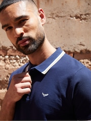 Threadbare Blue Herringbone Tipping Detail Pique Polo Shirt - Image 4 of 4