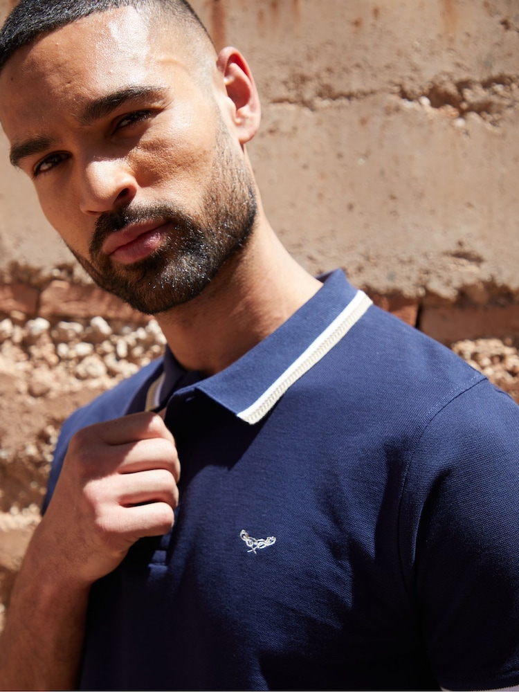 Threadbare Blue Herringbone Tipping Detail Pique Polo Shirt - Image 4 of 4 Threadbare Blue Herringbone Tipping Detail Pique Polo Shirt - Image 4 of 4