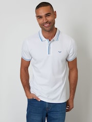 Threadbare White Contrast Tipping Hidden Placket Polo Shirt - Image 1 of 4