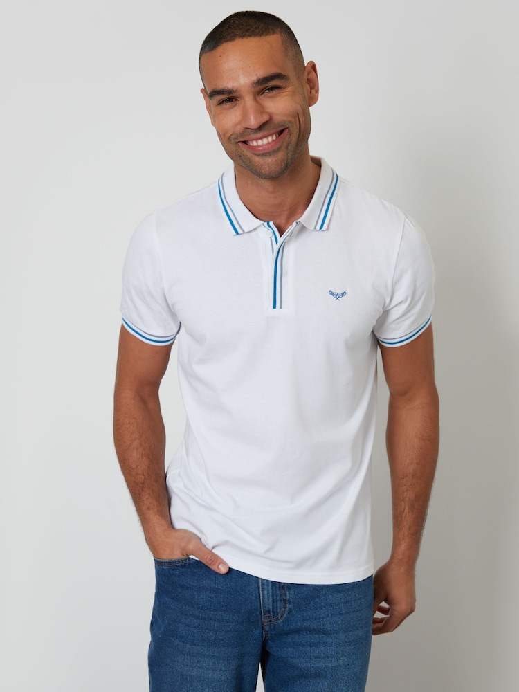 Threadbare White Contrast Tipping Hidden Placket Polo Shirt - Image 1 of 4